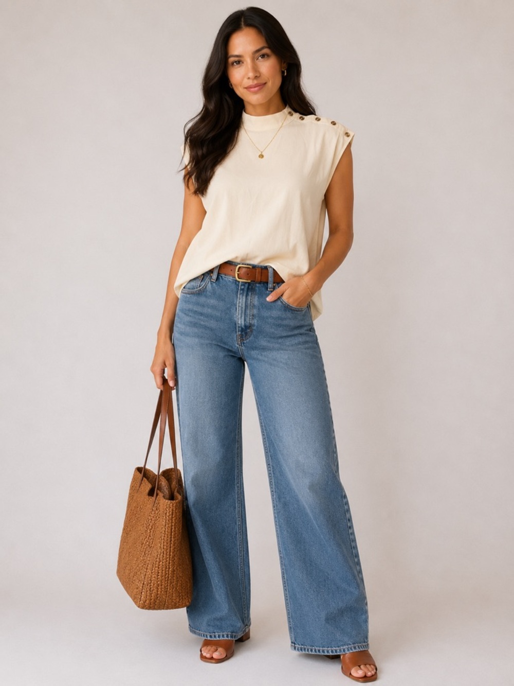 Modcloth Cream Sleeveless Mock Neck Blouse with Shoulder Buttons Size Medium